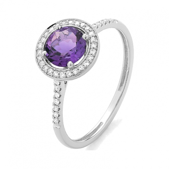 Anillo Rosetón de oro blanco de 18 Kt con piedra de color y diamantes de 0,12 ct