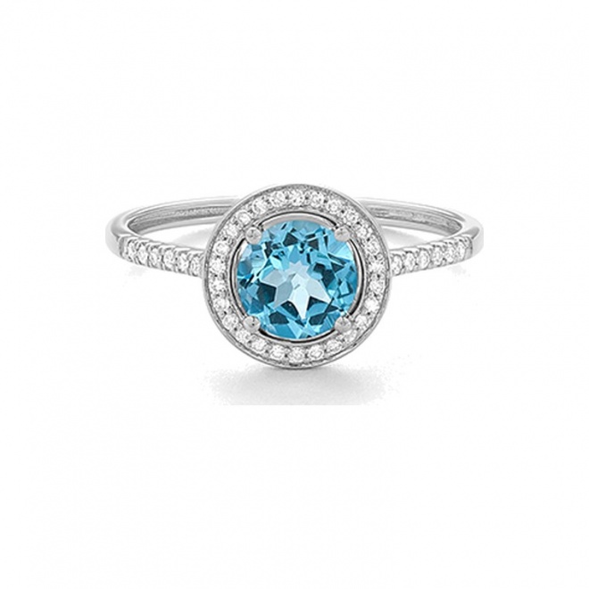 Anillo Rosetón de oro blanco de 18 Kt con topacio de 0,96 ct y diamantes de 0,12 ct
