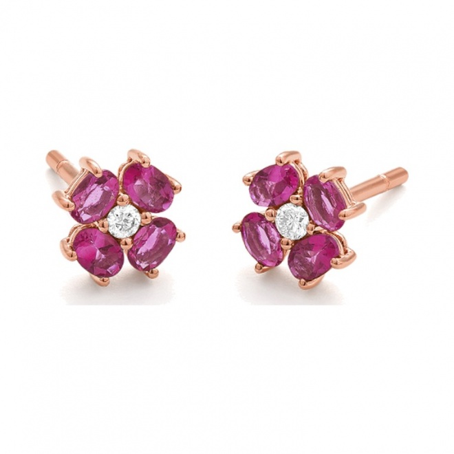Pendientes de oro rosa de 18 Kt con rubí de 0,79 ct y diamantes de 0,06 ct