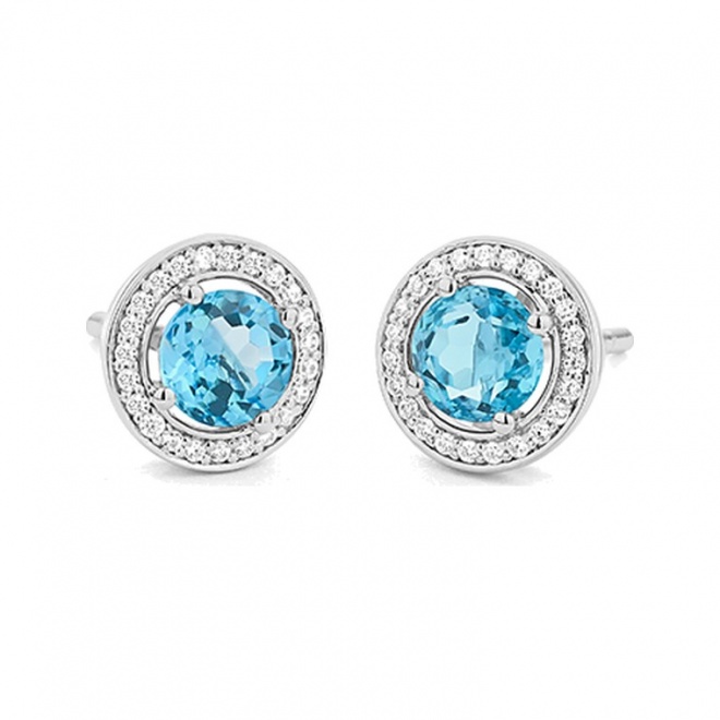 Pendientes Rosetón de oro blanco de 18 Kt con topacio de 1,10 ct y diamantes de 0,13 ct