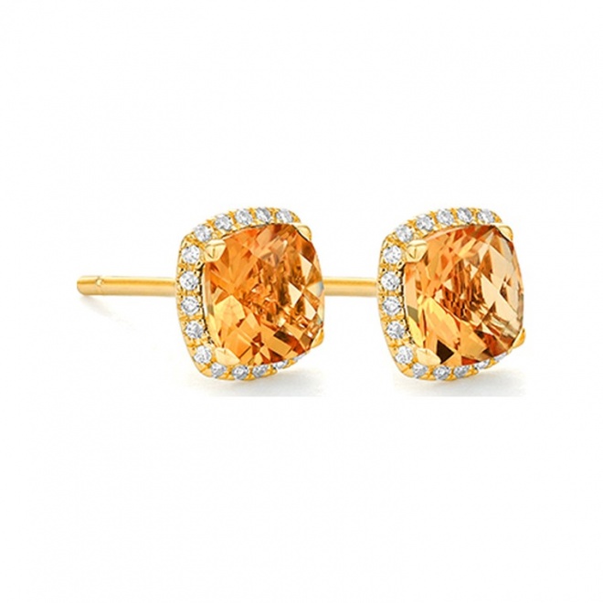 Pendientes Rosetón de oro amarillo de 18 Kt con piedra de color y diamantes