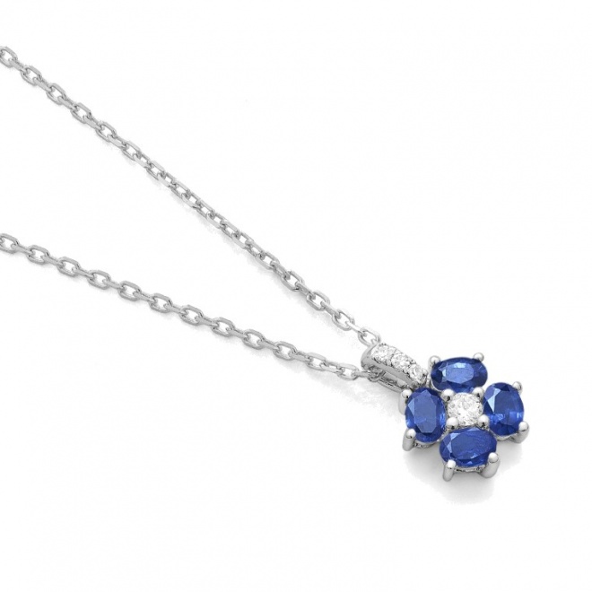 Colgante de oro blanco de 18 Kt con zafiro azul de 0,37 ct y diamantes de 0,04 ct