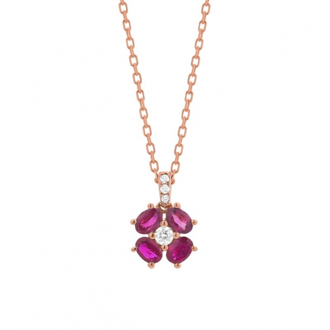 Colgante de oro rosa de 18 Kt con rubí de 0,42 ct y diamantes de 0,04 ct