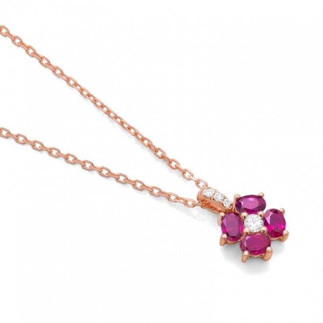 Colgante de oro rosa de 18 Kt con rubí de 0,42 ct y diamantes de 0,04 ct