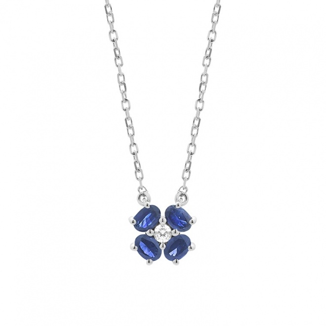 Colgante de oro blanco de 18 Kt con zafiro azul de 0,35 ct y diamante de 0,03 ct