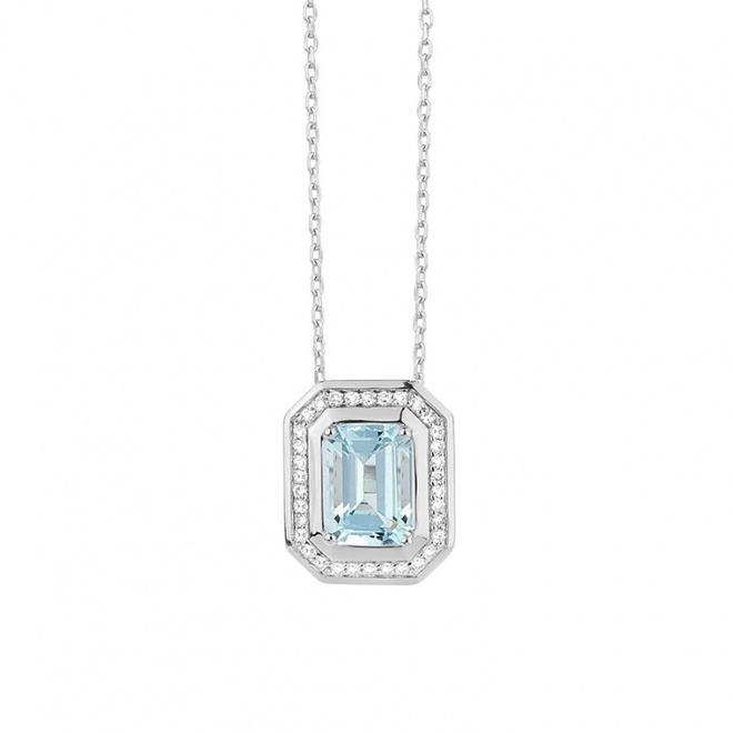 Colgante de oro blanco de 18 Kt con piedra de color y diamantes de 0,10 ct