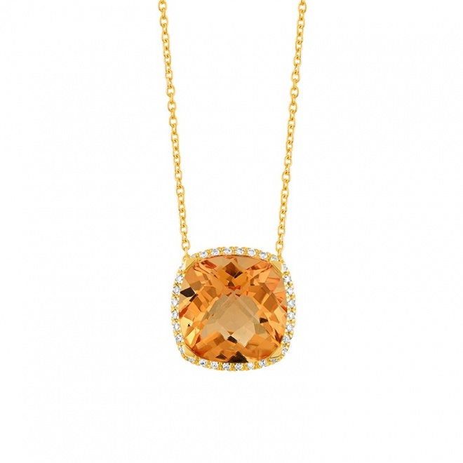 Colgante Rosetón de oro amarillo de 18 Kt con piedra de color y diamantes de 0,09 ct