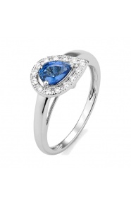 Anillo de oro blanco de 18 Kt con piedra de color y diamantes de 0,15 ct