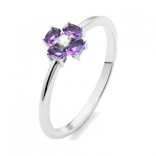 Anillo de oro blanco de 18 Kt con amatista de 0,25 ct y diamante de 0,03 ct
