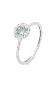 Anillo Rosetón de oro blanco de 18 Kt con aguamarina de 0,25 ct y diamantes de 0,10 ct