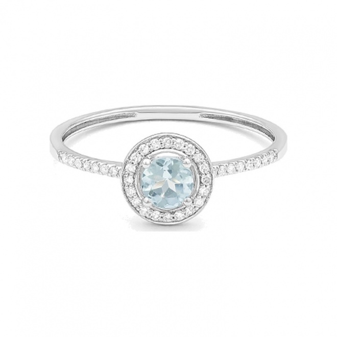 Anillo Rosetón de oro blanco de 18 Kt con aguamarina de 0,25 ct y diamantes de 0,10 ct