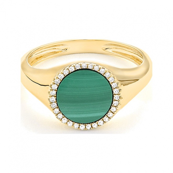 Anillo de oro amarillo de 18 Kt con malaquita de 1,46 ct y diamantes de 0,10 ct
