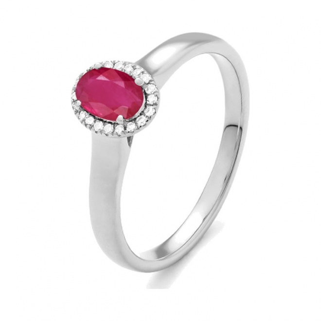 Anillo de oro blanco de 18 Kt con rubí de 0,60 ct y diamantes de 0,05 ct
