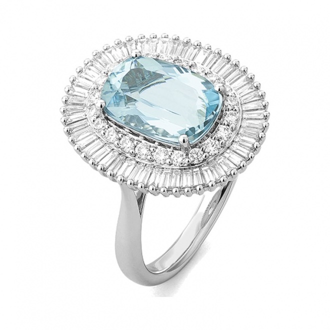 Anillo de oro blanco de 18 Kt con aguamarina de 2,61 ct y diamantes de 1,05 ct