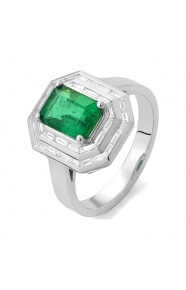 Anillo de oro blanco de 18 Kt con esmeralda de 1,42 ct y diamantes de 0,52 ct