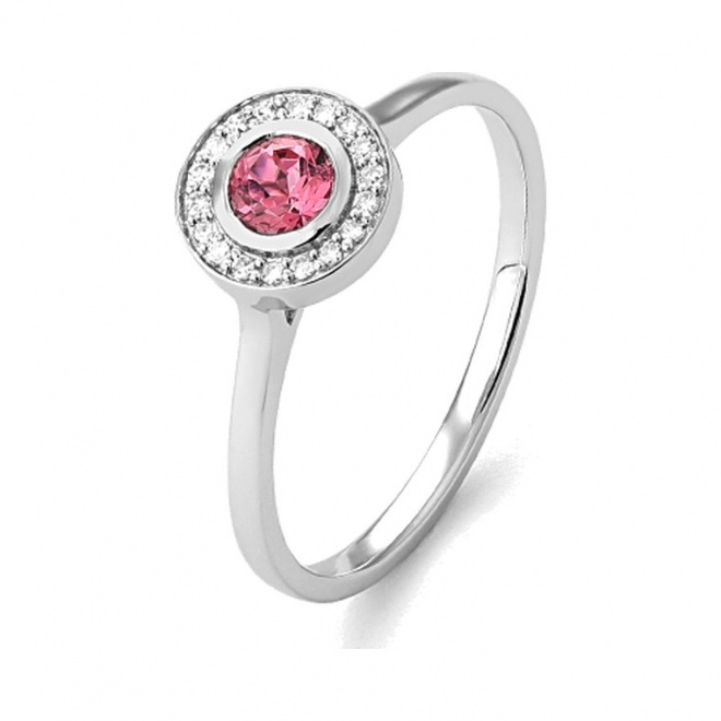 Anillo de oro blanco de 18 Kt con espinela de 0,30 ct y diamantes de 0,07 ct