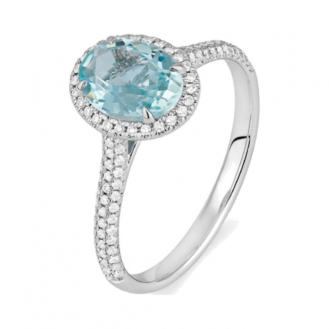 Anillo de oro blanco de 18 Kt con aguamarina de 1,09 ct y diamantes de 0,30 ct