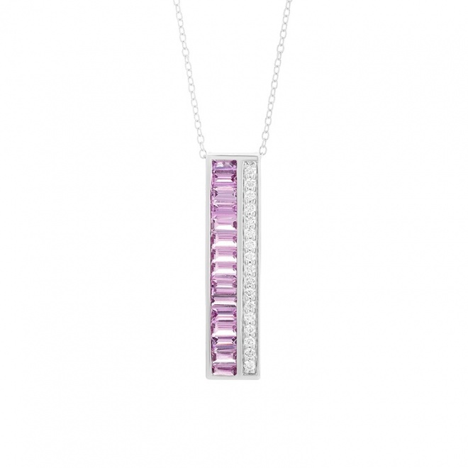 Colgante Largo de oro blanco de 18 Kt con zafiro rosa de 1,10 ct y diamantes de 0,14 ct