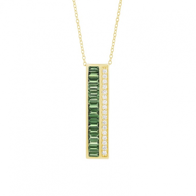 Colgante Largo de oro amarillo de 18 Kt con tsavorita de 1,00 ct y diamantes de 0,14 ct
