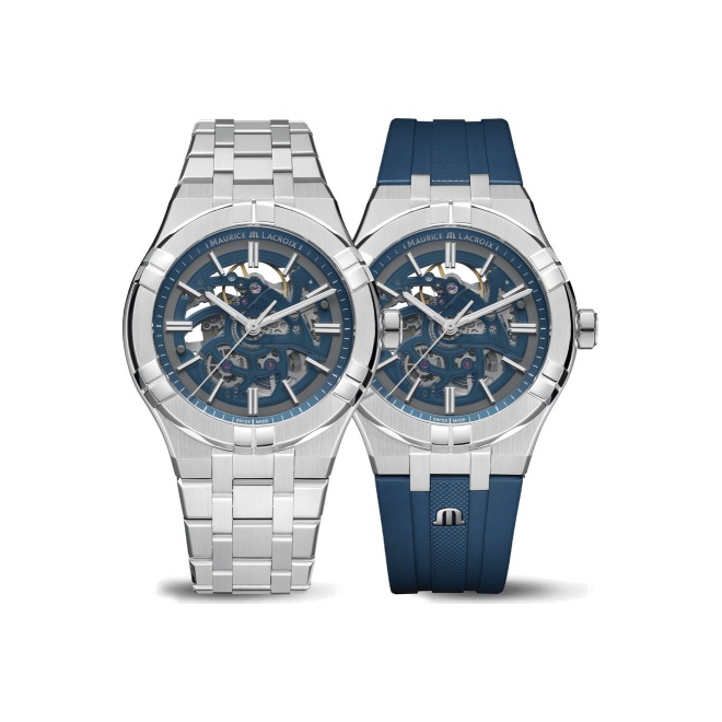 Maurice Lacroix Aikon Automatic Skeleton ∅42 mm - 20 ATM, brazalete de acero inoxidable azul