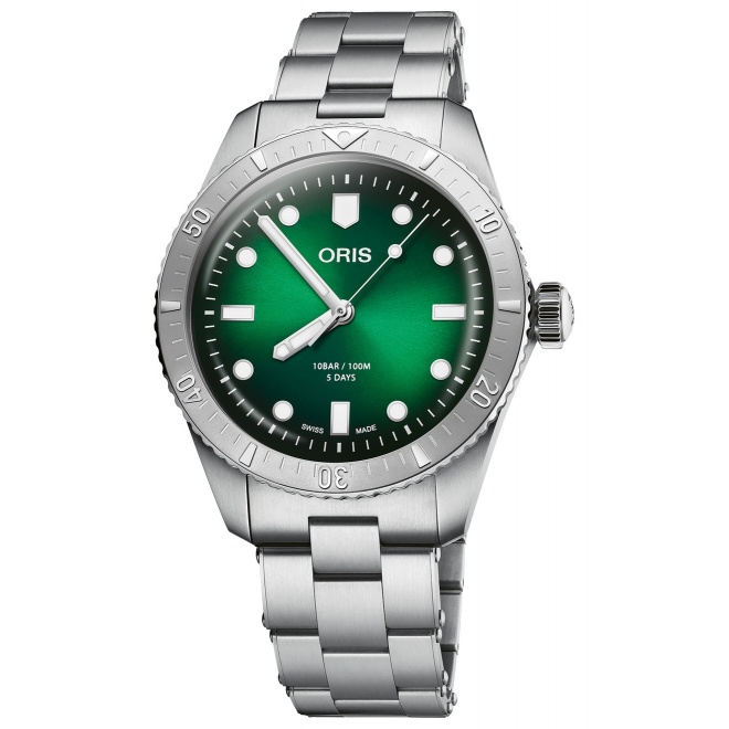 Oris Divers Sixty-Five Calibre 400 ∅38 mm - 10 ATM, Esfera verde, brazalete de acero