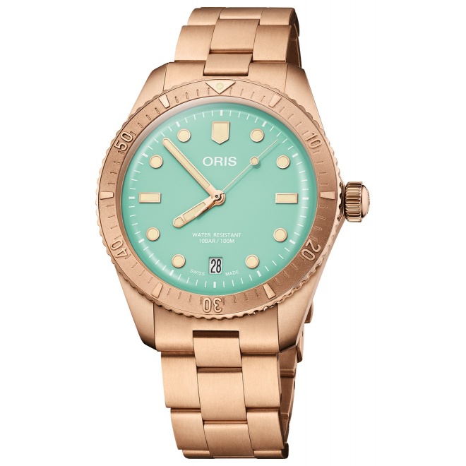 Oris Divers Sixty-Five Cotton Candy ∅38 mm - 10 ATM, Esfera verde, brazalete de bronce