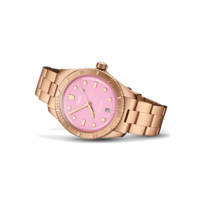 Oris Divers Sixty-Five Cotton Candy ∅38 mm - 10 ATM, Esfera rosa, brazalete de bronce