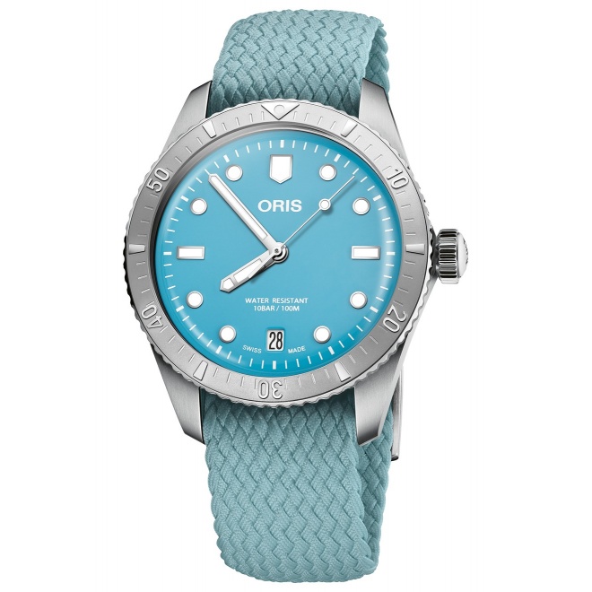 Oris Divers Sixty-Five Cotton Candy ∅38 mm - 10 ATM, Esfera azul, correa de tela