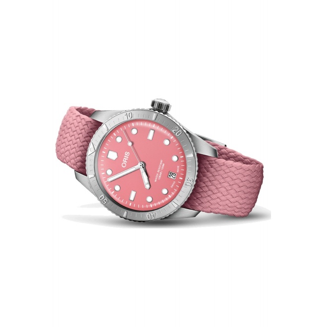 Oris Divers Sixty-Five Cotton Candy ∅38 mm - 10 ATM, Esfera rosa, correa de tela