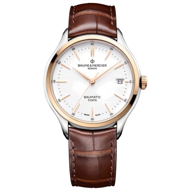 Baume & Mercier Clifton ∅40 mm - 5 ATM, Esfera blanca, correa de aligátor con escamas cuadradas semimate
