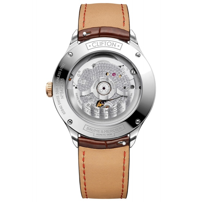 Baume & Mercier Clifton ∅40 mm - 5 ATM, Esfera blanca, correa de aligátor con escamas cuadradas semimate