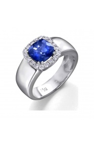 Anillo de oro blanco de 18 Kt con zafiro y orla de diamantes, 0,26 ct