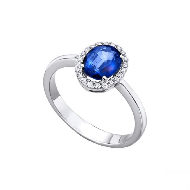 Anillo de oro blanco de 18 Kt con zafiro y diamantes, 0,12 ct