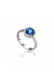 Anillo de oro blanco de 18 Kt con zafiro y orla de diamantes, 0,18 ct