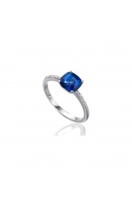 Anillo de oro blanco de 18 Kt con zafiro y diamantes, 0,07 ct