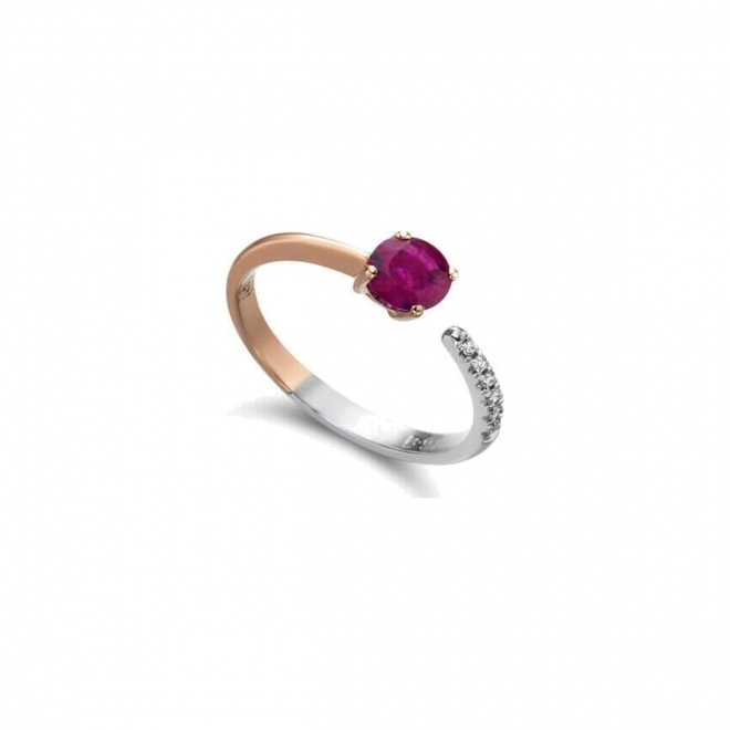 Anillo de oro blanco y rosa de 18 Kt con diamantes y rubí, 0,05 ct