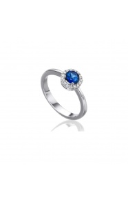 Anillo de oro blanco de 18 Kt con zafiro y orla de diamantes, 0,14 ct