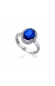 Anillo de oro blanco de 18 Kt con zafiro y orla de diamantes, 0,38 ct
