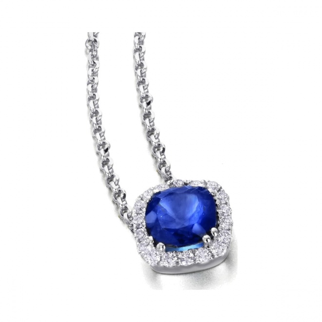 Colgante de oro blanco de 18 Kt con zafiro y orla de diamantes, 0,26 ct
