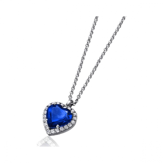 Colgante de oro blanco de 18 Kt con zafiro y orla de diamantes, 0,35 ct