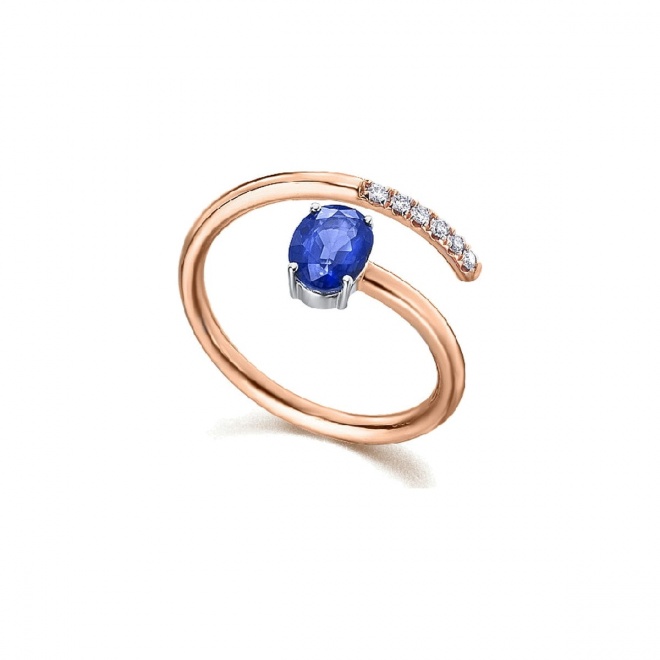 Anillo de oro blanco y rosa de 18 Kt con zafiro y diamantes, 0,06 ct