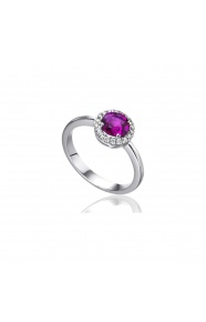 Anillo de oro blanco de 18 Kt con rubí y orla de diamantes, 0,14 ct