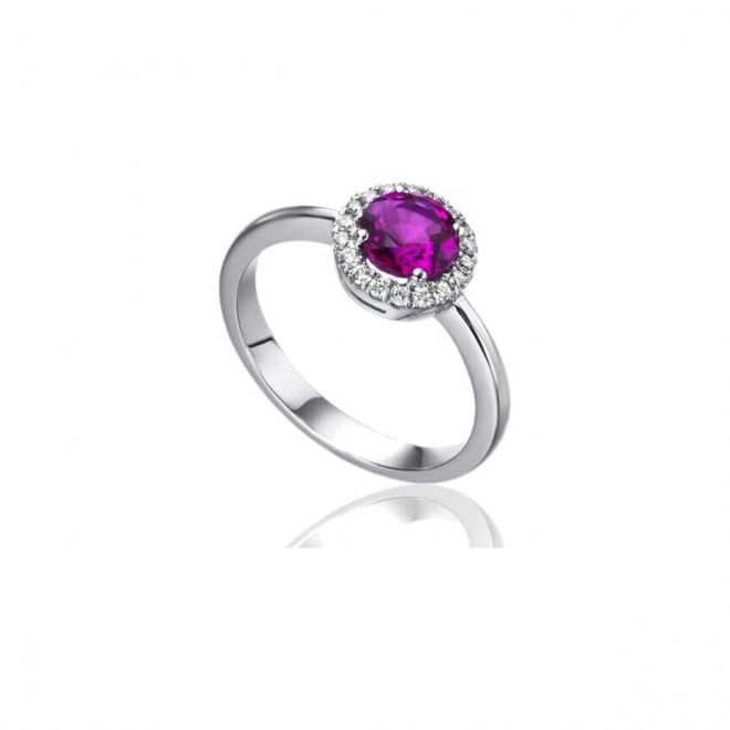 Anillo de oro blanco de 18 Kt con rubí y orla de diamantes, 0,14 ct