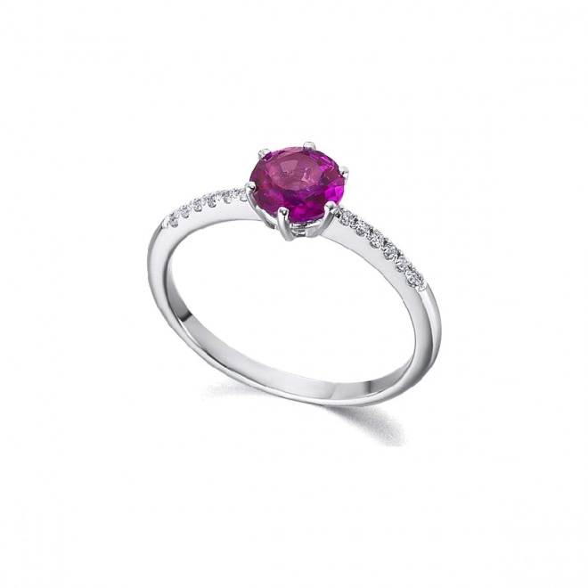 Anillo de oro blanco de 18 Kt con rubí y diamantes, 0,07 ct