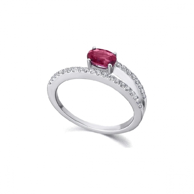 Anillo de oro blanco de 18 Kt con rubí y diamantes, 0,18 ct