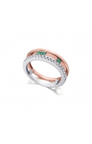 Anillo de oro blanco y rosa de 18 Kt con diamantes y esmeraldas, 0,20 ct
