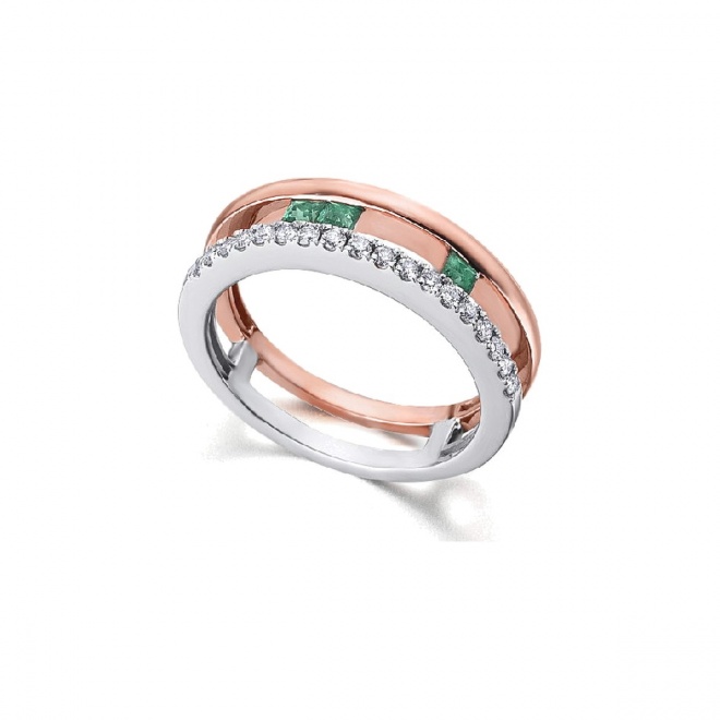 Anillo de oro blanco y rosa de 18 Kt con diamantes y esmeraldas, 0,20 ct