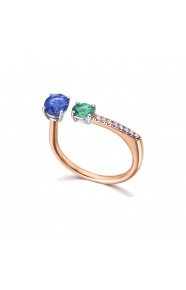 Anillo de oro rosa de 18 Kt con esmeralda, zafiro y diamantes, 0,04 ct