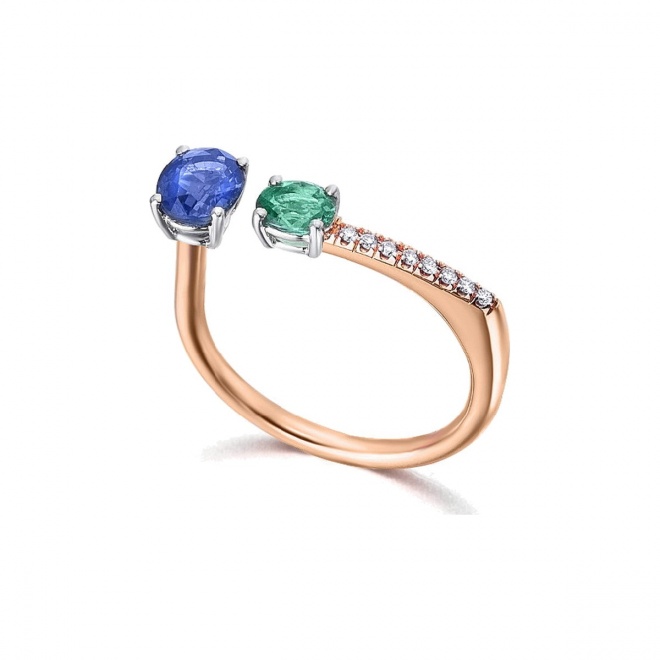 Anillo de oro rosa de 18 Kt con esmeralda, zafiro y diamantes, 0,04 ct