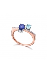 Anillo de oro blanco y rosa de 18 Kt con diamantes, zafiro y aguamarina, 0,06 ct